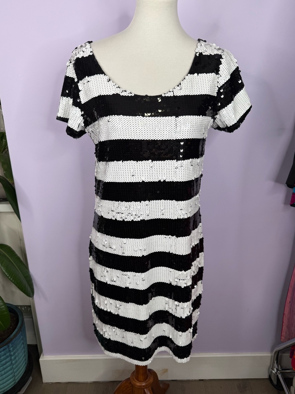 Betsey Johnson Vintage Y2K Mod Black & White Striped Sequin Dress